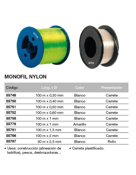 Carrete de cuerda monofil de nylon AMARILLO 100 m. x 1mm