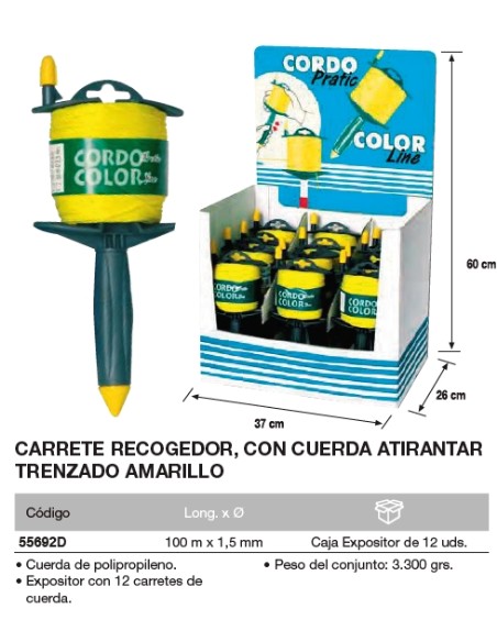 Carrete recogedor con cuerda de atirantar trenzada AMARILLA 100 m. x 1,5mm