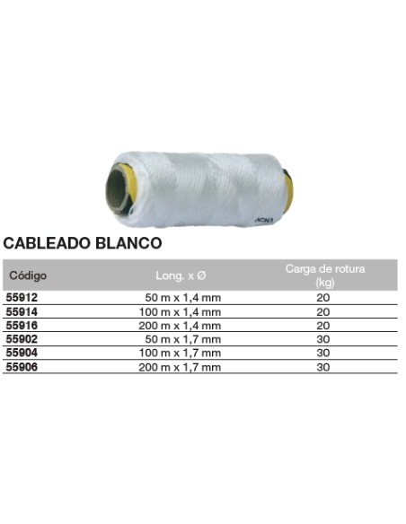 Bobina de cuerda de atirantar de polipropileno cableado BLANCO 50m. x 1,4mm