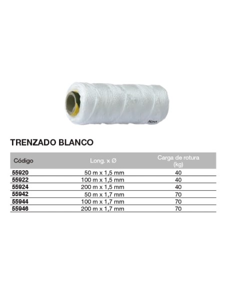 Bobina de cuerda de atirantar de polipropileno trenzado BLANCO 50 m. x 1,7mm