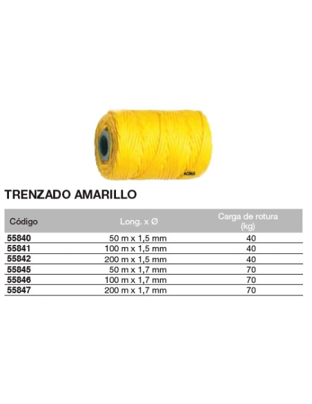 Bobina de cuerda de atirantar de polipropileno trenzado AMARILLO 100 m. x 1,5mm