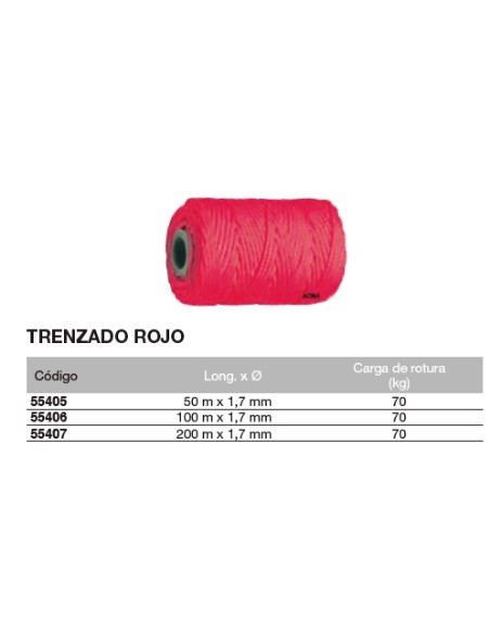 Bobina de cuerda de atirantar de polipropileno trenzado ROJO 50 m. x 1,7mm