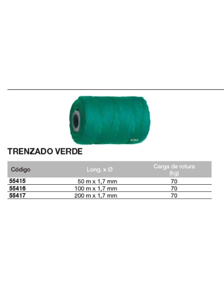 Bobina de cuerda de atirantar de polipropileno trenzado VERDE 50 m. x 1,7mm