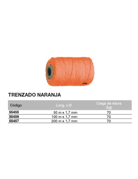 Bobina de cuerda de atirantar de polipropileno trenzado NARANJA 50 m. x 1,7mm