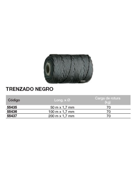 Bobina de cuerda de atirantar de polipropileno trenzado NEGRO 50 m. x 1,7mm