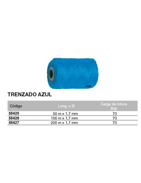 Bobina de cuerda de atirantar de polipropileno trenzado AZUL 50 m. x 1,7mm