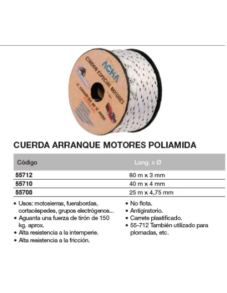 Carrete de cuerda arranque motores. Poliamida 25 m. x 4,75mm