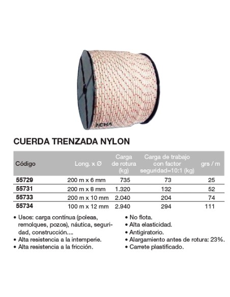 Carrete de cuerda trenzada de nylon 200 m. x 6mm