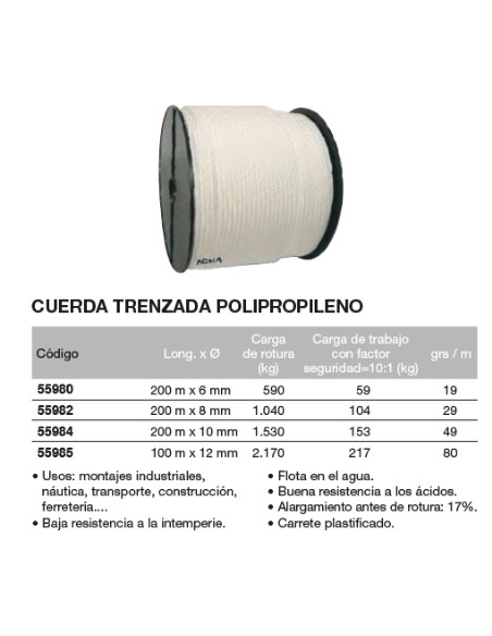 Carrete de cuerda trenzada de polipropileno 200 m. x 8mm