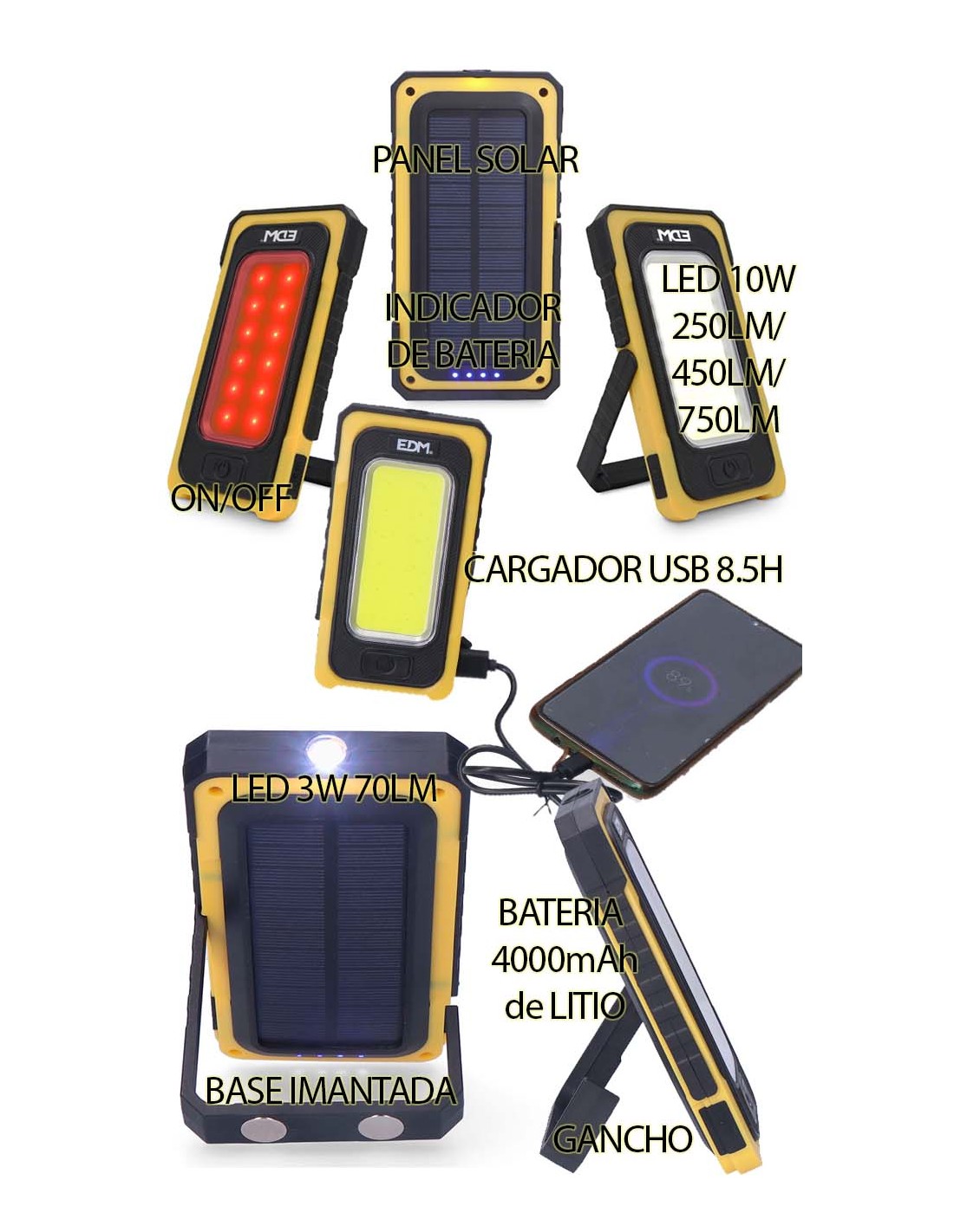 Linterna LED solar recargable EDM con gancho e imán 10W 750lm » Pro  Ferretería