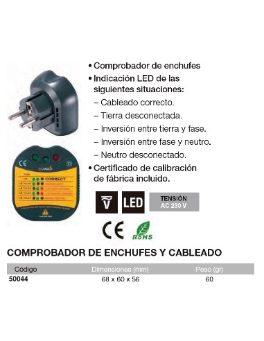 Comprobador de Enchufes y Cableado 68x60x56 mm