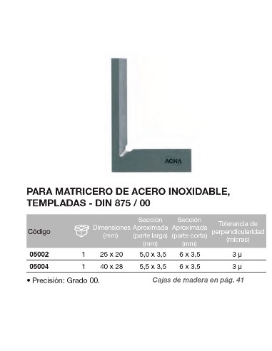 Escuadra DIN 875/00 para matricero de acero inox., templada 40 x 28mm