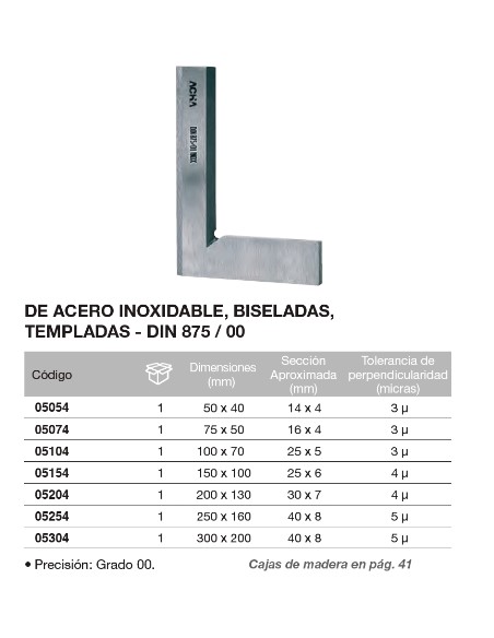 Escuadra DIN 875/00 de acero inox., biselada, templada, lisa 50 x 40mm