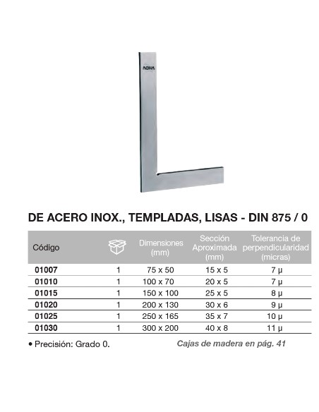 Escuadra DIN 875/0 de acero inox., templada, lisa 75 x 50mm