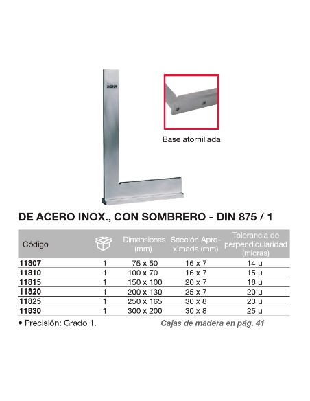 Escuadra DIN 875/1 de acero inox., con sombrero 100 x 70mm