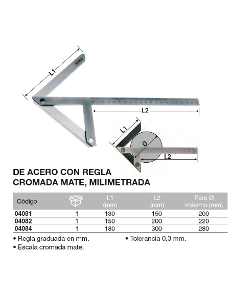 Escuadra busca centros. Regla cromada mate, milimetrada Para 