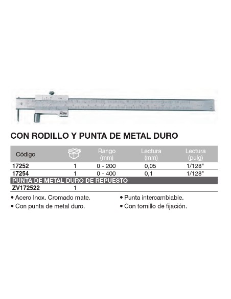 Calibre para trazado con rodillo y punta de metal duro 0-200mm