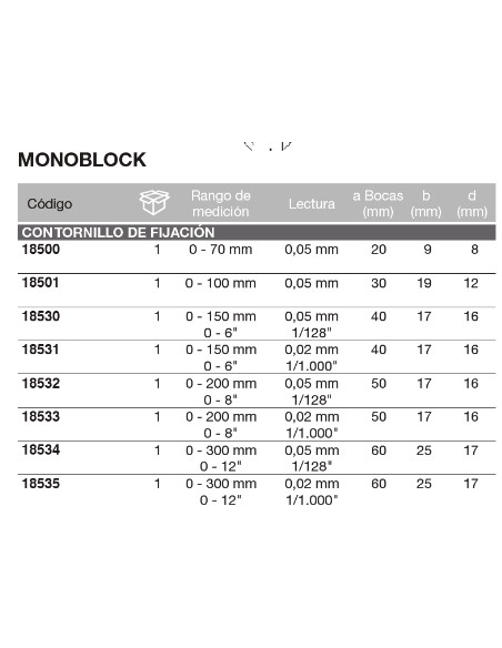 Calibre de bolsillo monoblock 0-70mm