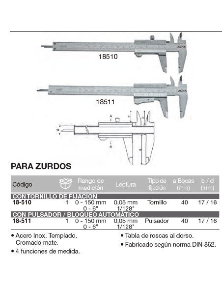 Calibre para zurdos con pulsador bloqueo autom