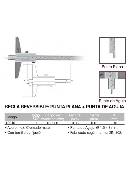 Calibre profundidad regla reversible. Puntas plana + de aguja 0-200 Puente 100