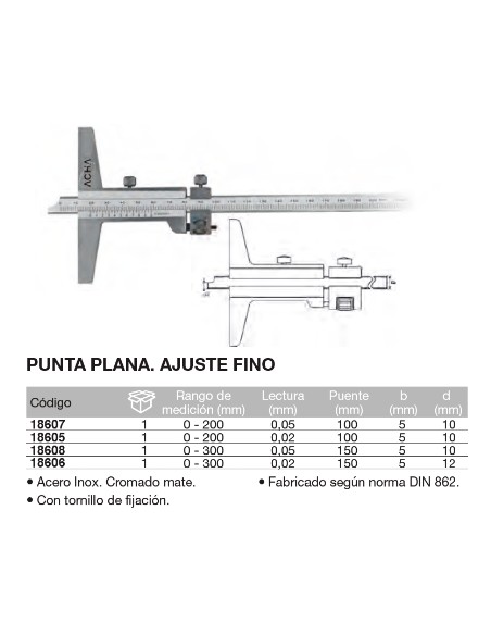 Calibre de profundidad punta plana ajuste fino 0-200 Puente 100