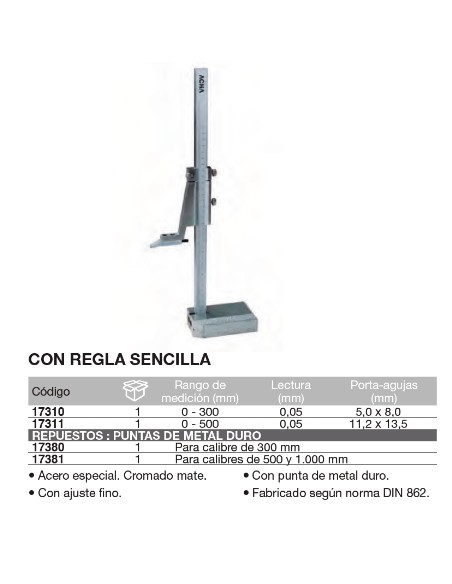 Punta de metal duro para Calibre de altura 17-311 y 17-312 500 y 1000