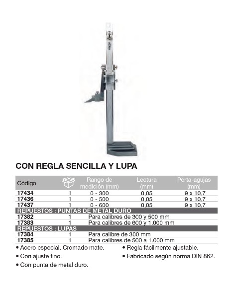 Punta de metal duro para calibres de altura 17-437 y 17-438 600 y 1000