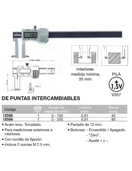 Calibre digital de puntas intercambiables 0-200 x Boca 80